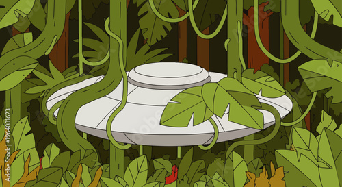 a mysterious ufo flying saucer is hidden deep within a lush green tropical jungle overgrown with vines in a cartoon style.