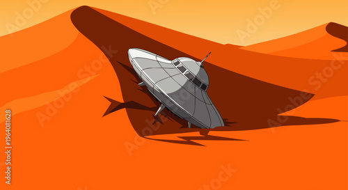 a ufo crash scene in a vast orange desert with sand dunes perfect for sci-fi or alien encounter concepts.