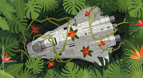 an abandoned spaceship in a lush tropical jungle overgrown by nature and exotic flowers a mysterious sci-fi illustration.
