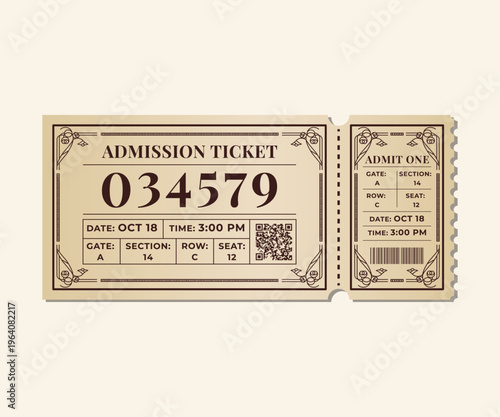 Retro Vintage Event Ticket Template with Ornamental Frame and Classic Typography Layout