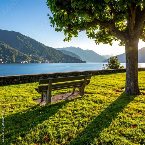 A serene park bench under a tree overlooking a lake and mountains