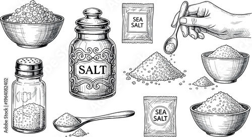 Vintage hand drawn salt elements collection with sea salt bowls jars spoon engraving style vector illustration set