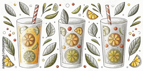 A colorful vector illustration of three glasses of refreshing summer drinks with straws and garnishes