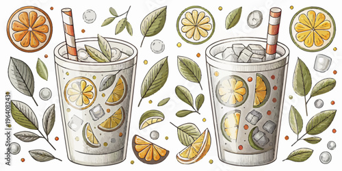 A colorful vector illustration of two glasses of lemonade with ice and straws surrounded by citrus slices and leaves