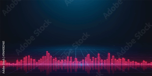An abstract digital vector illustration featuring a music equalizer wave morphing into a city skyline silhouette with a medical heartbeat pulse monitor graph over a dark technology background