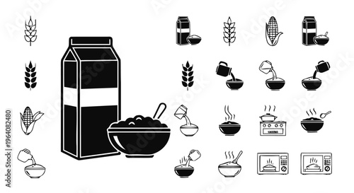 Vector illustration of set of icons related to breakfast cereal, milk, and cooking preparation