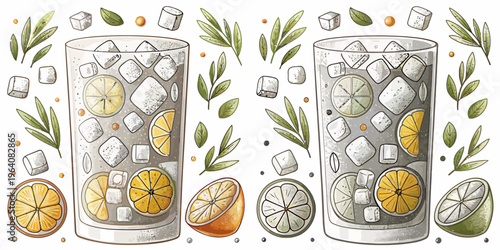 A colorful vector illustration of two glasses filled with ice and citrus slices surrounded by leaves and ice cubes