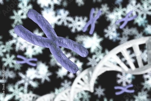 X chromosome against the background of DNA. Chromosomes and DNA.
3D rendering