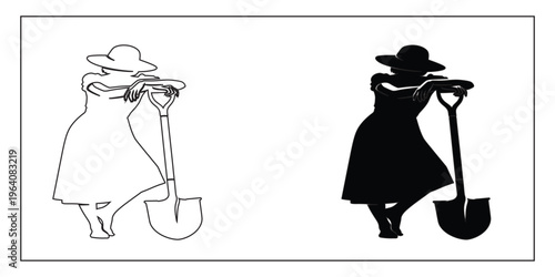 Two women with shovels in garden or farm setting illustrations