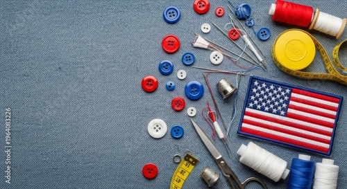 Sewing tools and American flag.