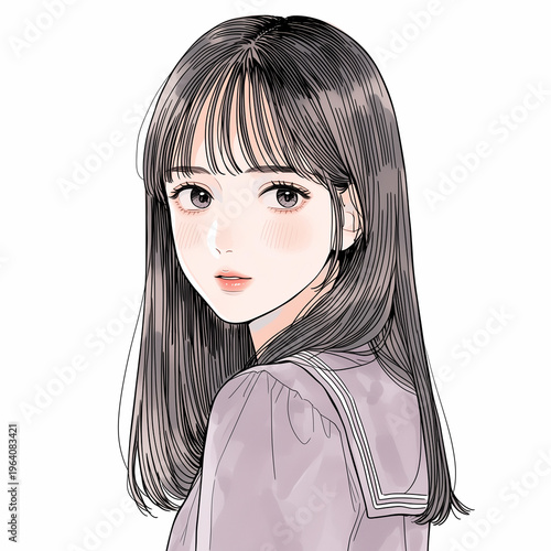 黒髪アニメ女子のピュアな表情ポートレート, Generative AI