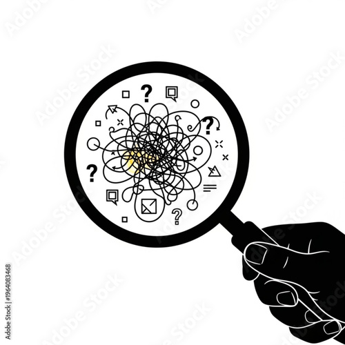 A hand holding a magnifying glass with a chaotic mess of symbols and question marks inside, representing confusion and investigation.