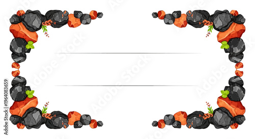 Rustic Stone Border Frame with Orange and Black Rocks, Green Leaves, and Lavender Sprigs