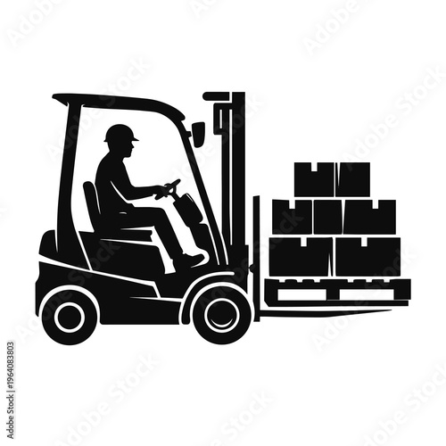 Black and white silhouette icon of a skilled forklift operator moving freight boxes on a pallet for efficient industrial logistics