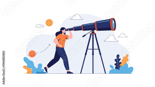 Young woman looking through a large astronomical telescope on a tripod to observe planets and stars in the sky.