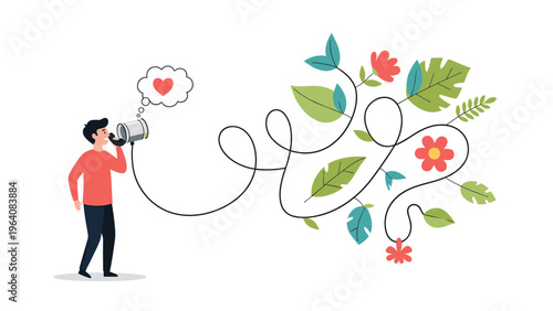 Creative communication concept showing a man talking into a tin can telephone with a long wire turning into a vine.