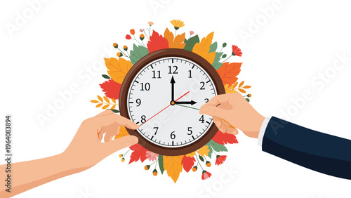 Two hands adjusting the time on a wall clock decorated with colorful autumn leaves to represent seasonal changes.