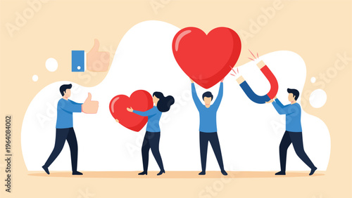 Diverse group of people attracting and holding large red heart icons using a magnet for social media engagement.