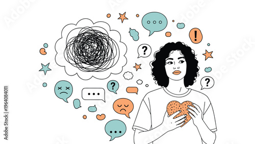 Concerned woman holding a heart while surrounded by complex thoughts, question marks, and emotional icons.