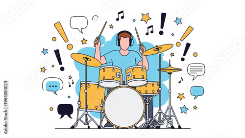 Young man wearing headphones and playing a full drum kit with energy while surrounded by musical symbols.