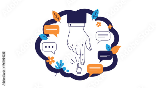 Large hand pointing down to a smaller clicking hand within a brain shaped border filled with speech bubbles.
