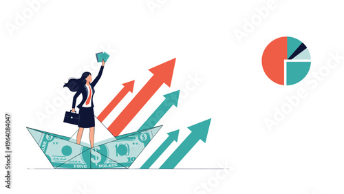Businesswoman standing on a paper boat made of a dollar bill as she holds more cash and points to rising arrows.