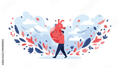 Person carrying a large anatomical heart in their arms against a backdrop of stylized clouds, leaves, and flying feathers.