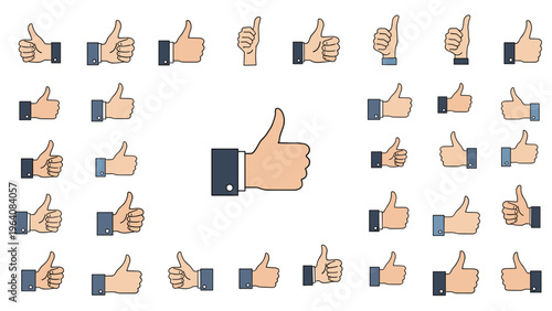 Set of diverse hand gestures showing thumbs up approval signs in different styles and skin tones on a white background.
