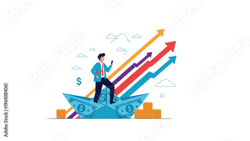 Businessman standing on a paper boat folded from dollar bills with multiple colorful arrows pointing upwards in the background.