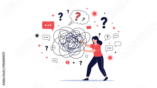 Woman in a red shirt pushing a massive tangled mess of lines surrounded by question marks and speech bubble icons.