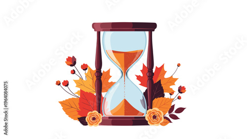 Large hourglass with orange sand sitting among a decorative arrangement of fall maple leaves, flowers, and dark foliage.