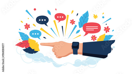 Hand wearing a smartwatch pointing towards a cluster of colorful speech bubbles, leaves, and abstract sparks on a white background.