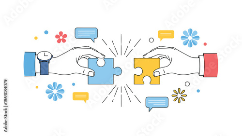 Two hands from different sleeves reaching out to connect a blue and a yellow puzzle piece amidst various colorful icons.