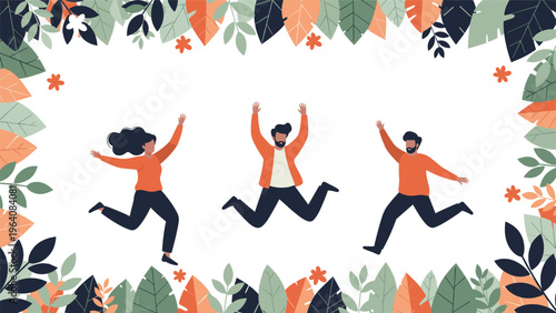 Three happy people jumping in the air framed by a decorative border of various green and orange autumn leaves and flowers.