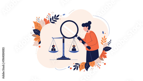 Woman using a giant magnifying glass to examine two tiny figures balanced on a set of scales surrounded by fall leaves.