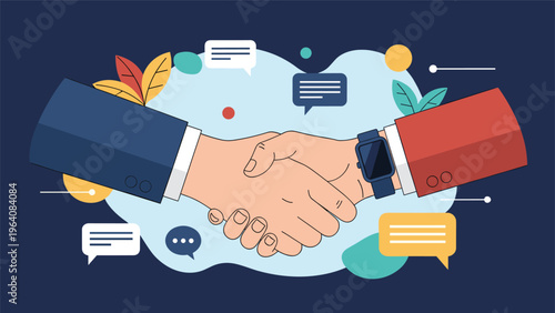 Professional handshake between two individuals in suits against a light blue background with chat bubbles and leaf icons.
