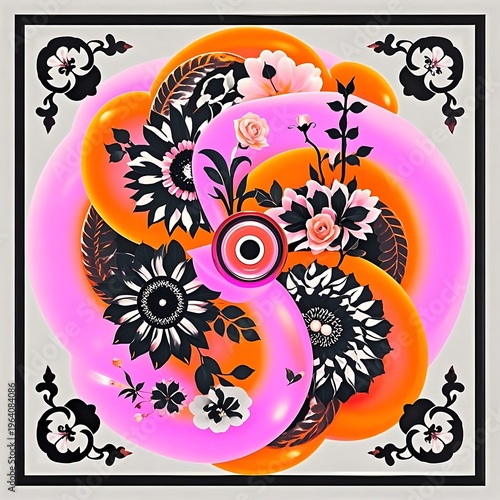 Pink and orange swirls with black and white floral silhouettes