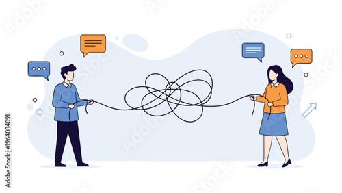 Man and woman standing apart and pulling on opposite ends of a long tangled line with colorful speech bubbles above them.