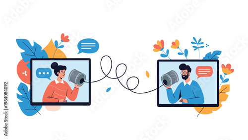 Man and woman communicating through tin can phones across two computer monitors decorated with flowers and leaves.