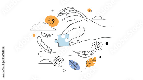 Hand placing a light blue puzzle piece into a conceptual composition with feathers, clouds, and decorative floral elements.