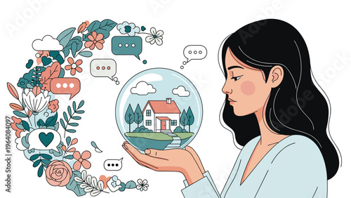 Profile of a young woman with long dark hair holding a glass globe containing a small house, trees, and clouds.