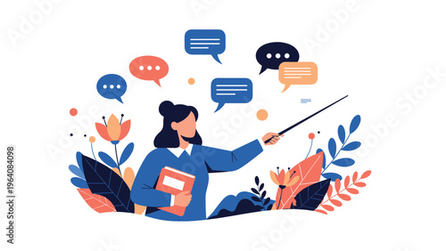 Woman in a blue sweater holding a book and pointing a stick at various colorful speech bubbles amidst floral elements.