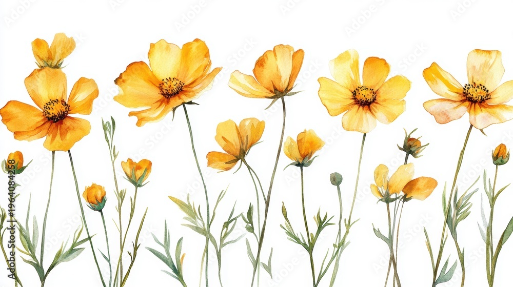 Fototapeta premium Beautiful seamless yellow cosmos flower,floral water color pattern Set, watercolor wild flowers.