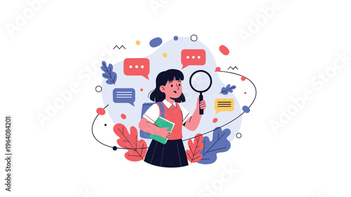 Schoolgirl exploring knowledge and finding answers with magnifying glass and book among various floating symbols.