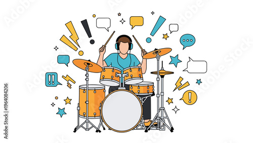 Energetic drummer playing musical instrument surrounded by loud icons and vibrant speech bubbles in music studio.