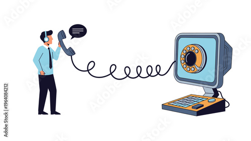 Professional office worker using computer connected to a vintage rotary phone dial for modern communication service.