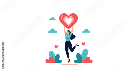 Young woman jumping with joy while holding a large red heart symbol for love and health in beautiful nature setting.