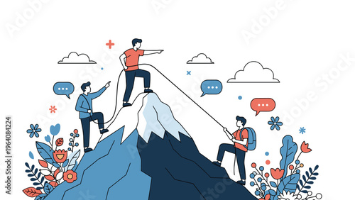 Group of climbers helping each other to reach a mountain peak as metaphor for teamwork and joint business success.