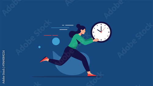 Determined woman running fast while carrying a large clock as metaphor for efficient time management and deadlines.