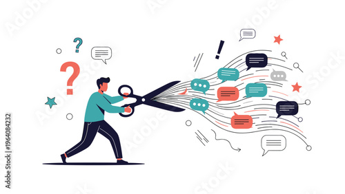 Man using giant scissors to cut off a stream of incoming social media messages and difficult information overload.